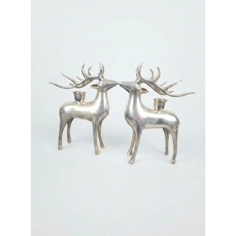 Set 2, Pottery Barn Silver Plate Reindeer Taper Candle Holder Christmas Heavy 8”
